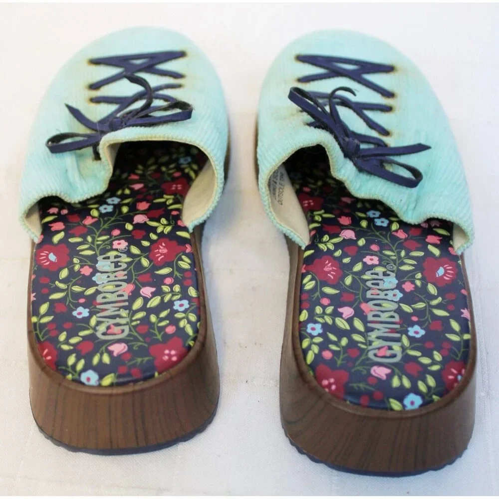 Gymboree Apple For The Teacher Blue Corduroy Slip On Clogs sz 12 Wedge Flowers